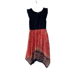 Pink & Violet Girls Dress Navy Lace Top Coral Floral Hem Handkerchief Size L 10/